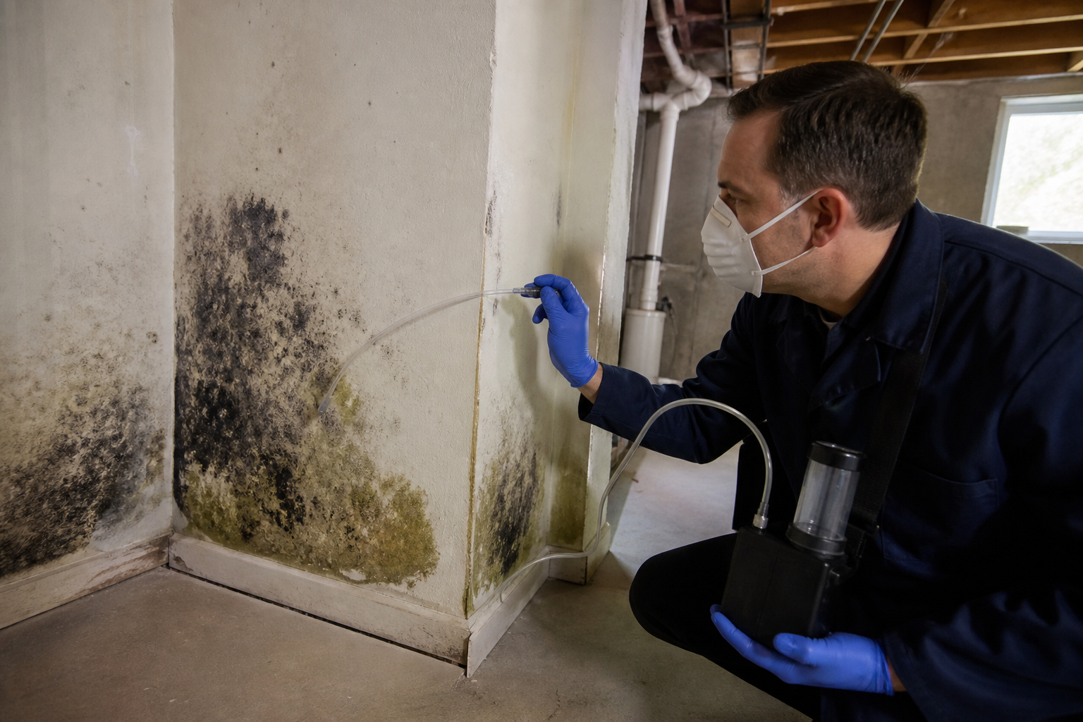 Mold sampling equipment in a basement